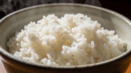 Steaming hot white rice served in a rustic ceramic bowl, ready to eat.