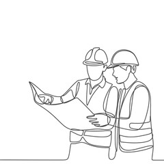 Continuous line drawing of two construction workers reviewing blueprints together