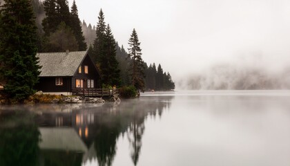 Fototapeta premium もやのかかる美しい雲路の日の湖畔 / Misty Lakeside on a Beautiful Cloudy Day 