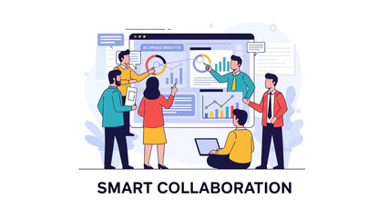Smart collaboration in a modern office setting with team members working together on a project, analyzing data and presenting findings on a large screen