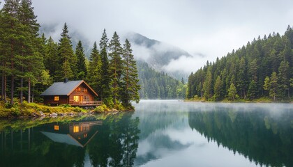 Obraz premium もやのかかる美しい雲路の日の湖畔 / Misty Lakeside on a Beautiful Cloudy Day 