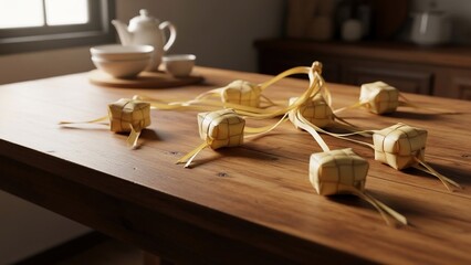 Traditional Ketupat Rice Cakes on a Wooden Table.