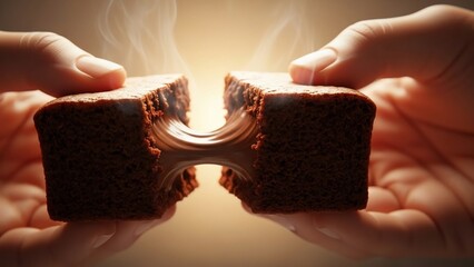 Two hands pulling apart a chocolate cake with gooey filling.