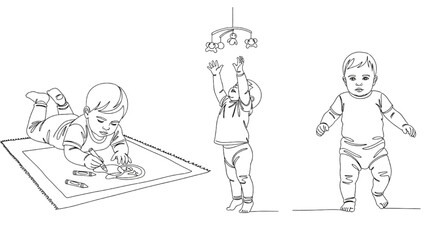 High-Quality Black Continuous Line Art of Toddlers Drawing, Reaching, and Walking, Early Childhood Play Illustrations
