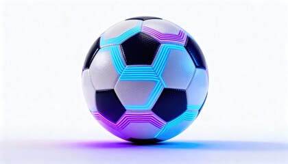 A soccer ball with glowing neon blue and purple lights. Modern sport game design for digital media and event promotion.