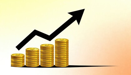 Stacks of golden coins with an upward black arrow. Business growth and investment concept. Financial increase illustration for economy.