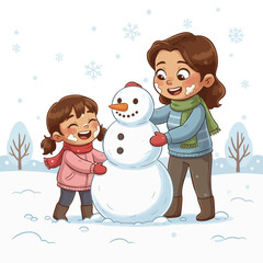 Winter joy: family building snowman together. Cute daughter and mummy playing in the snow. Teamwork in snow: kid creating snowman figure. Happy girl in warm clothing enjoying snowy day outdoors