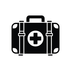 A black and white illustration of a medical suitcase with a cross symbol