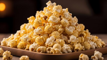A Generous Mound of Delicious Golden Popcorn Piled High on a Wooden Plate.
