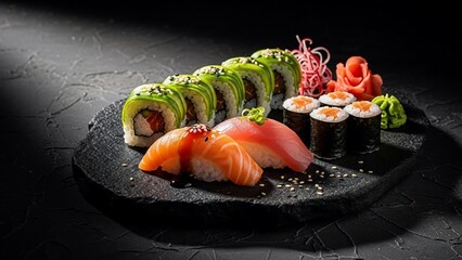 Assorted sushi platter with avocado rolls, nigiri, and maki on a dark stone plate.