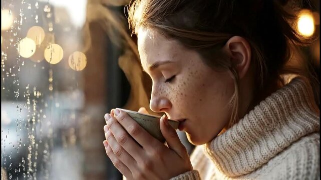 Hyperrealistic close up of woman enjoying hot drink by rainy window