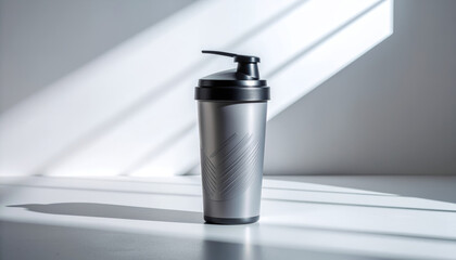 Sleek silver protein shaker bottle with black lid perfect for fitness enthusiasts.