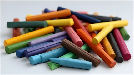 A vibrant pile of scattered wax crayons in various bright colors on a clean white background