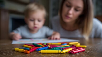 A toddler and an adult engage in drawing with colorful crayons on a wooden table fostering creativity and bonding