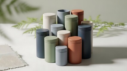 Fototapeta premium Collection of Assorted Cylindrical Containers in Muted Earth Tones.