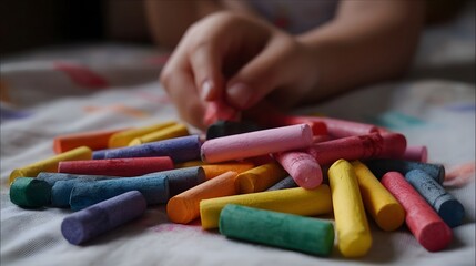 Obraz premium A child s hand reaches for a pile of colorful pastel crayons on a patterned surface hinting at creative play