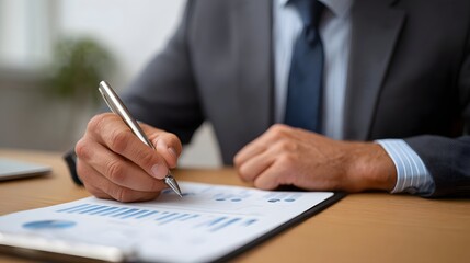 Professional hands in a suit signing a financial document with charts and graphs on a wooden desk