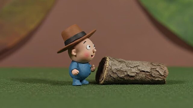 Cute cartoon boy in hat and overalls looking at a log.