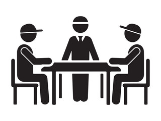 Three people sitting at a table in a meeting or discussion