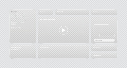 This minimalist white and gray wireframe mockup shows a clean video player interface with rounded panels on a transparent background. © Imaster