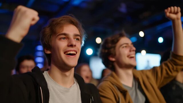 In a dark, neon-lit room, esports fans react to a tournament win with glowing screens and raised fists &mdash; modern digital fandom filled with emotion, energy, and shared connection. cinematic color