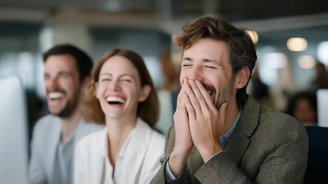 Laughter erupts among coworkers after a spilled coffee incident in a modern office &mdash; the unexpected joy of imperfection. Their faces brighten with genuine amusement, breaking the daily rhythm of