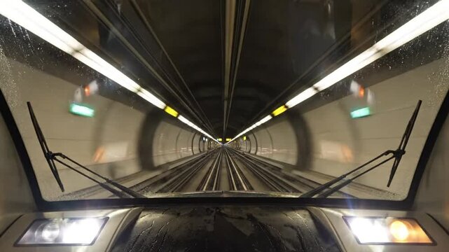 Subway train perspective traveling through a long underground tunnel with bright lights and tracks