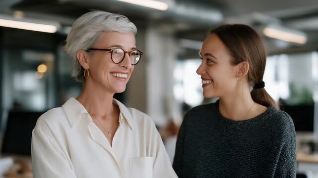 Senior female lawyer mentoring a young associate in a bright, modern office filled with natural light &mdash; an empowering image symbolizing gender equality, leadership, and professional development in