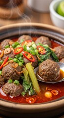 Steaming spicy meatball stew with red chilies, scallions, and vegetables in a rustic clay pot on a wooden table