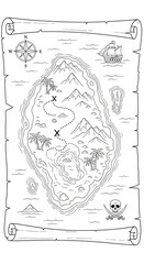 Hand drawn pirate treasure map outline illustration for coloring book page with island, ship, compass, and skull and crossbones