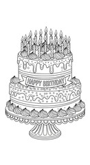 Black and white art illustration of a two-tiered birthday cake with lit candles and a 'happy birthday' banner, designed as a printable coloring page.