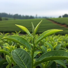 Close-up of vibrant green tea leaves and bud with glistening water droplets on a lush tea plantation, capturing the freshness and natural beauty of the tea estate under a soft morning light