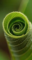 Macro shot of a spiraling green leaf with sparkling dew drops, revealing nature' intricate patterns and freshness