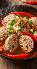 Close-up of steaming hot bakso soup with meatballs, spicy red chilies, fresh green onions, and crispy fried shallots