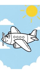 Cartoon propeller airplane art flying in a sunny blue sky with clouds, perfect for kids' coloring pages and creative activities.