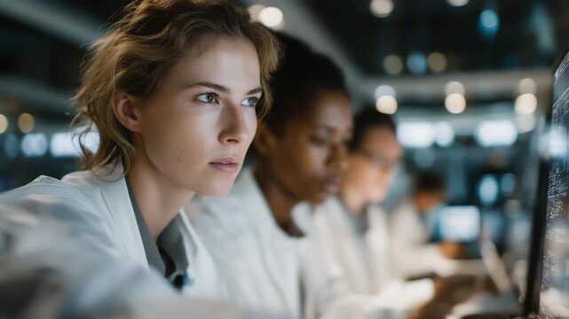 Team of engineers collaborating in high-tech lab, designing bio-inspired neural chips with AR-assisted brain activity models, emphasizing cutting-edge AI processors, neuromorphic research, and