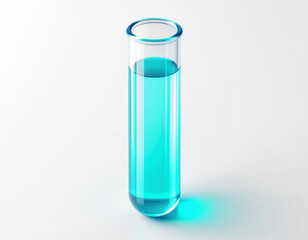 Transparent glass test tube with bright blue liquid on a white surface, soft glow and reflection&mdash;ideal for chemistry, lab, research, and educational visuals.