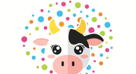 Adorable vector illustration of a playful cartoon cow with vibrant confetti backdrop