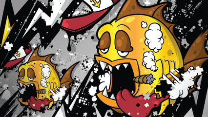 Urban Graffiti Style Yellow Monster Fish Character Vector Background