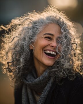 A woman with gorgeous gray hair, smiling and happy, outdoors in warm light.