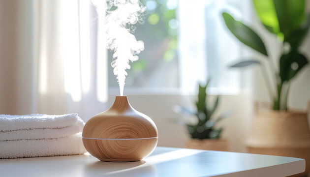 Wooden essential oil diffuser emitting mist on a table.