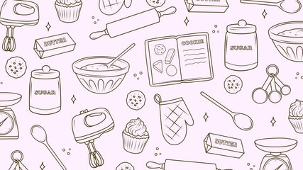 A background with animated baking accessories and ingredients: mixer, bowls, scales, sugar, flour, butter, cookies, and cupcakes. Suitable for baking, pastry, and cooking class themes.
