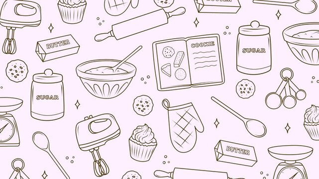 A background with animated baking accessories and ingredients: mixer, bowls, scales, sugar, flour, butter, cookies, and cupcakes. Suitable for baking, pastry, and cooking class themes.