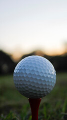 Golf Ball on Tee at Sunset in Open Green Field