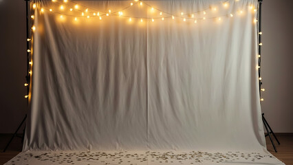 Festive white backdrop with warm string lights and scattered confetti, creating a versatile setting for celebrations, events, and memorable photo opportunities
