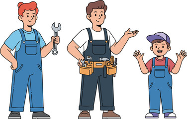 Cartoon worker family illustration featuring adults and child in overalls with tools