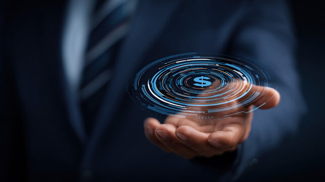Businessman Holding Holographic Digital Dollar Currency Icon - Powered by Adobe