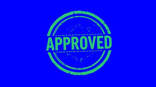 Approved circular red and green grunge stamp animation isolated on green and blue background