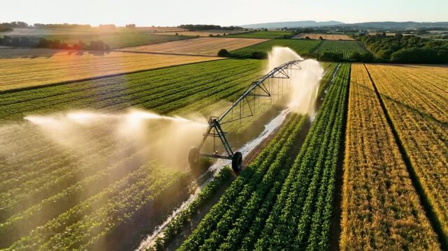 Aerial view of a center pivot irrigation system watering a green field on a bright summer day