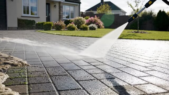 Power washing a brick driveway on a sunny day with a house and green lawn in the background